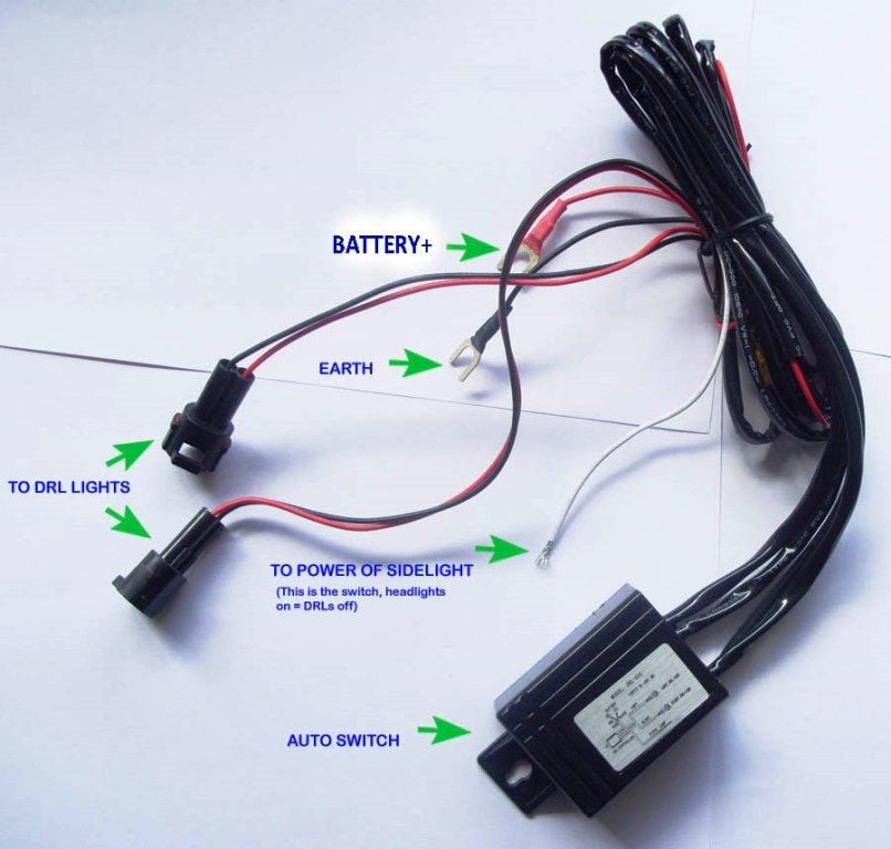 Your DRL controller should look like this. The wire connections have been marked