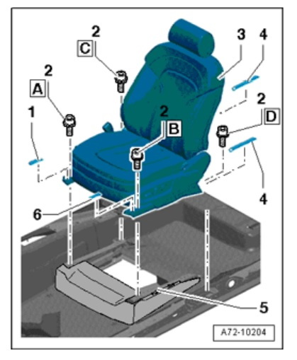 A diagram showing the bolt locations for the driver's seat.