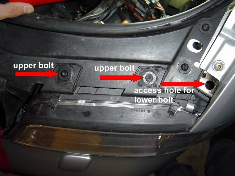 Headlight bolts that must be removed (with headlight installed).