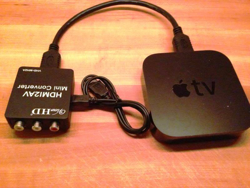 Apple TV unit wired up to an HDMI converter