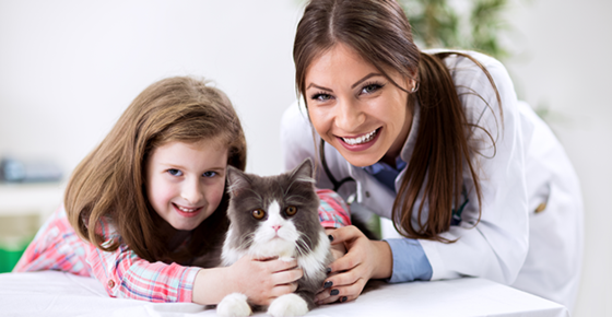 A young girl and vet pose with a cat.
