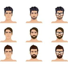 Image of 9 men with different facial hair and hairstyles.