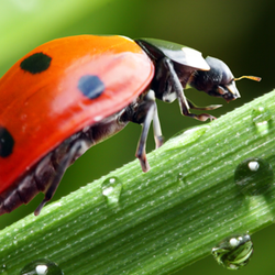 Ladybug on dew covered stem