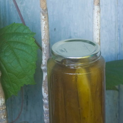 Sweet pickle spears in a canning jar