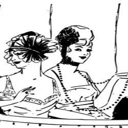 black and white drawing of vintage ladies in feathered hats