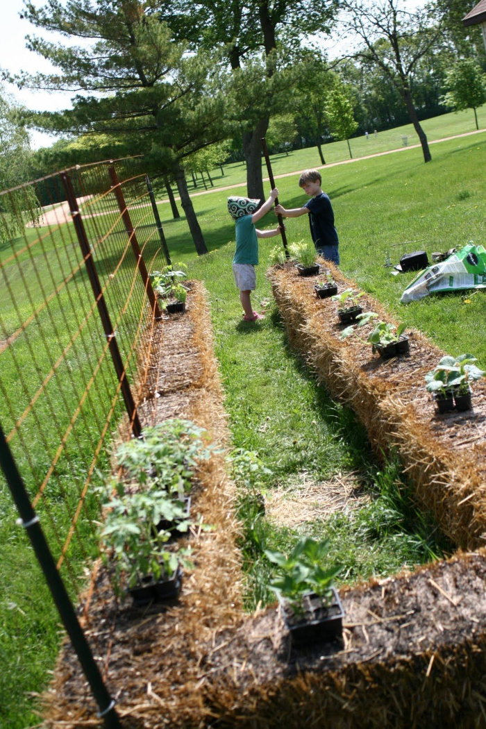 children planting a strawbale garden