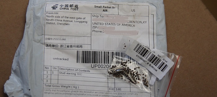 Envelope and seeds from China