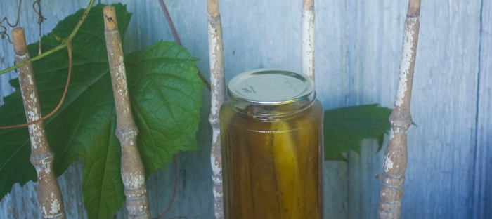 Sweet pickle spears in a canning jar
