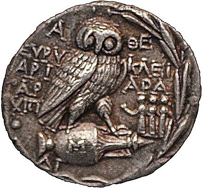 ancient Greek coin with owl symbol