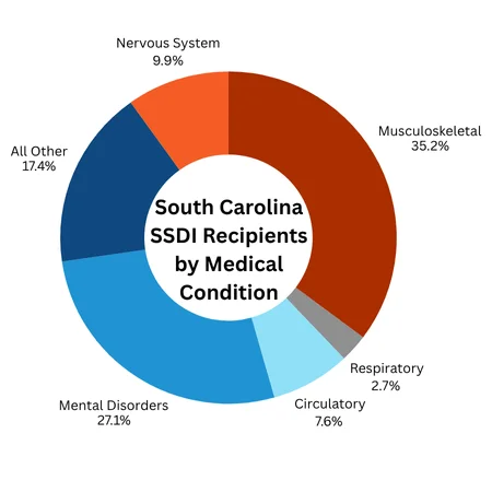 A pie chart showing top 5 medical conditions for people receiving SSDI in South Carolina