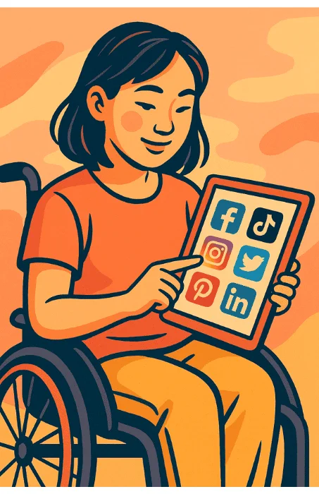 A woman in a wheelchair using social media apps on her tablet.