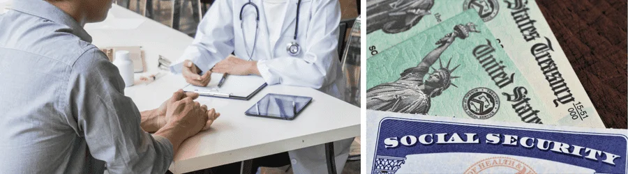 How SSDI Benefits Work A banner showing a Social Security card, Treasury checks, and a patient seeing a doctor