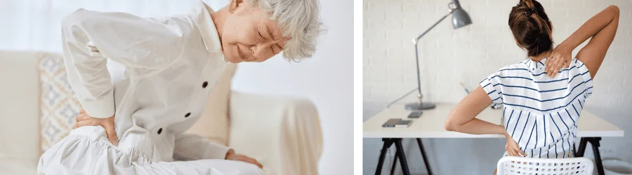 Two photos of women sitting down with back pain