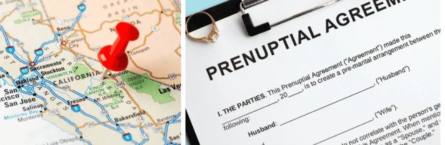 Prenuptial Agreements in California Map of California next to a photograph of a prenuptial agreement with an engagement ring on it
