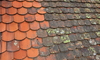A red tile roof with algae and mold growth. 