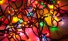 A tangle of multi-colored Christmas lights.