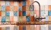 multi-colored tile backsplash in a kitchen