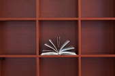Brownish red bookcase with one open book on a shelf