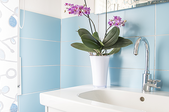 a small sink in a blue tiled bathroom with purple flowers