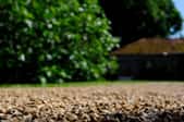 A close-up image of a gravel driveway with a house and a tree in the background.