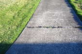A wide crack in a cement sidewalk.