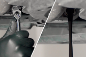 A split screen of a hand using a screwdriver on a car engine and oil draining out of the pan.