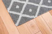 A gray and white patterned area rug laying on hardwood floor.