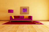 A colorful living room with contrasting furniture and walls.
