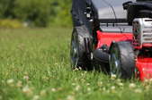 A close-up of a lawnmower on grass.