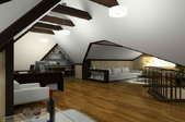 A room with boxed ceiling beams.