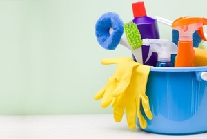 A bin of cleaning products.