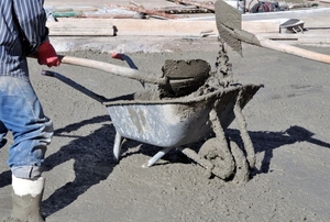 Cement in a wheelbarrow.