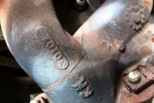 A crack in the exhaust manifold of a Jeep Wrangler.
