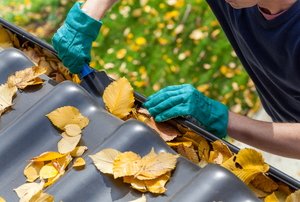 A handyman cleaning out leaves from the gutter.