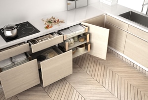 Kitchen with several drawers open