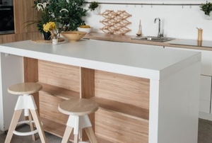 White kitchen island with two stools