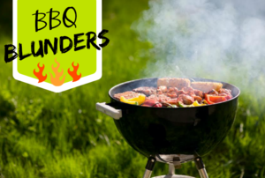 A grill with meat and vegetables on top with the words "BBQ Bunders."