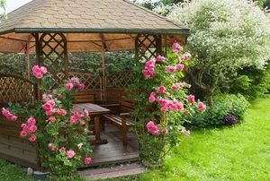 wood gazebo with pink roses in garden