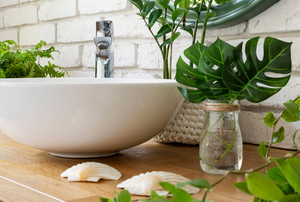 bathroom sink with plants on either side