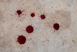 Several blood droplets on a concrete surface.