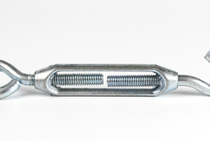 metal turnbuckle with circle at one end and hook at the other