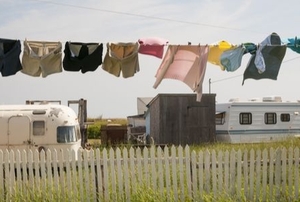 RVs with laundry hanging on a clothesline