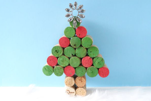 A Christmas tree made out of painted wine corks. 