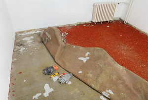 A room of carpet being removed. 