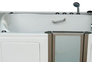 a bathtub with a walk-in door