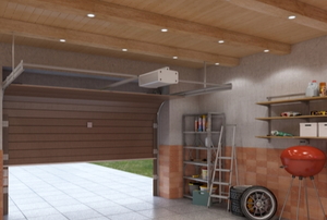 a garage with the door half open