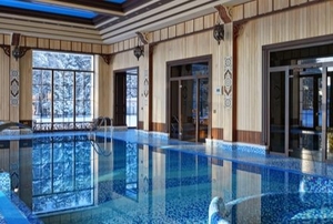 luxurious indoor swimming pool room with wood walls and blue tiles
