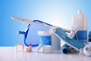 A grouping of pool cleaning and maintenance supplies. 