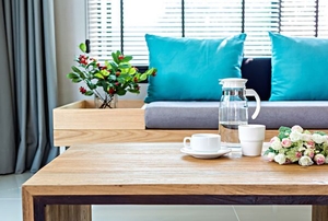 wooden coffee table in living room