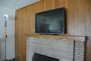 paneled wall with brick fireplace mantle and television above it